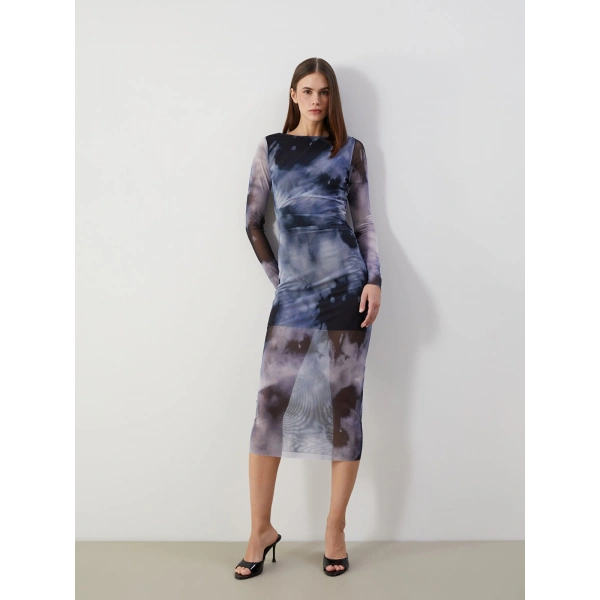 LC Waikiki Vision Lacivert Bisiklet Yaka Batik Desenli Kadın Bodycon Elbise