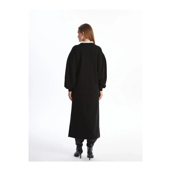 LC Waikiki Kadın Modest Siyah Fırfırlı Dik Yaka Sweatshirt Elbise