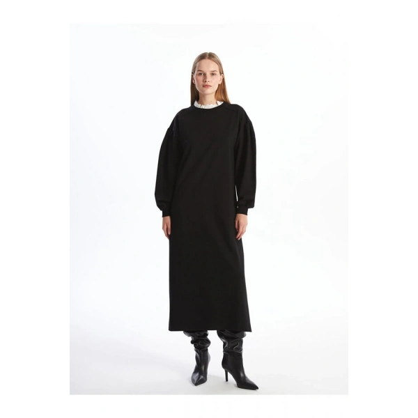 LC Waikiki Kadın Modest Siyah Fırfırlı Dik Yaka Sweatshirt Elbise