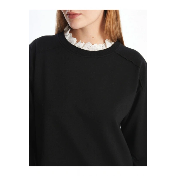 LC Waikiki Kadın Modest Siyah Fırfırlı Dik Yaka Sweatshirt Elbise