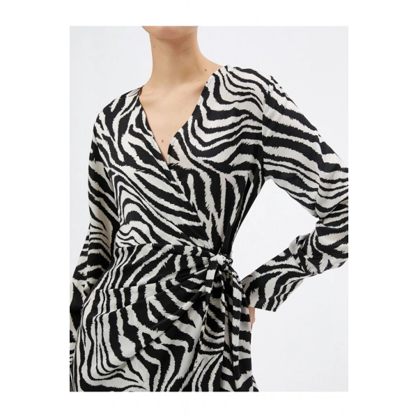 KOTON Kadın Zebra Desenli Elbise Mini Anvelop Uzun Kollu V Yaka
