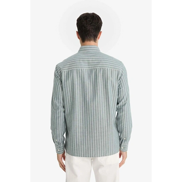 DEFACTO Erkek Regular Fit Polo Yaka Dokuma Uzun Kollu Çizgili Gömlek