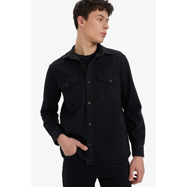 DEFACTO Erkek %100 Pamuk Regular Fit Jean Uzun Kollu İnce Gömlek