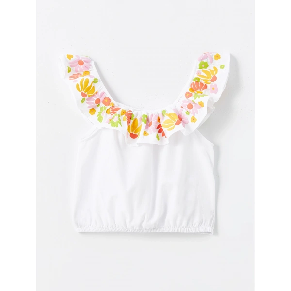 LC Waikiki Kız Çocuk Beyaz Kayık Yaka Çiçekli Crop Bluz