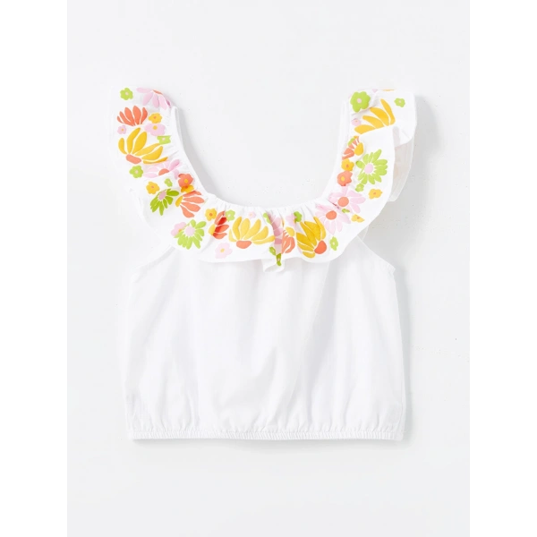 LC Waikiki Kız Çocuk Beyaz Kayık Yaka Çiçekli Crop Bluz