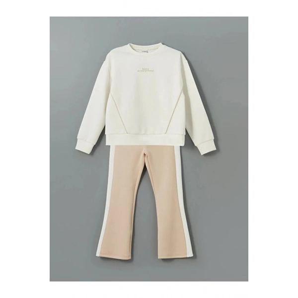 LC Waikiki Kız Çocuk Ekru Bisiklet Yaka Sweatshirt ve Tayt