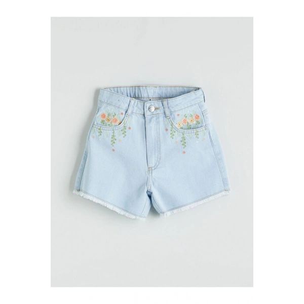 LC Waikiki Kız Çocuk Çiçek Nakışlı Jean Şort