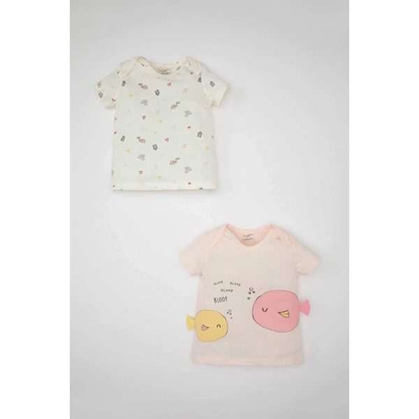 Defacto Kız Bebek Zarf Yaka Baskılı Penye 2li Kısa Kollu Tişört