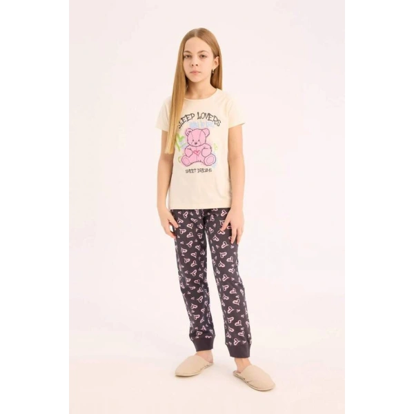 Defacto Kız Çocuk Bisiklet Yaka Baskılı Kısa Kollu Pijama Takımı