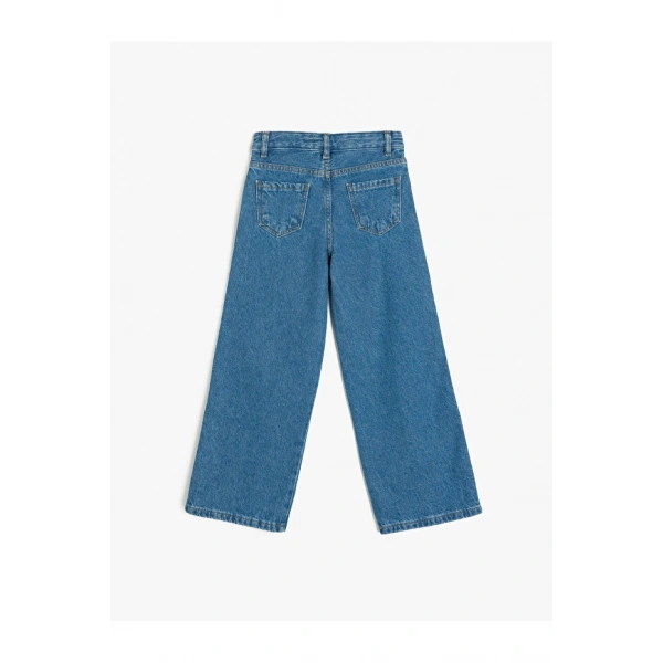 Koton Kız Çocuk Şerit Detaylı Pamuklu Bol Paça Denim Pantolon