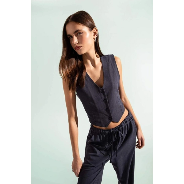 Defacto Regular Fit Keten Karışımlı Blazer Yelek