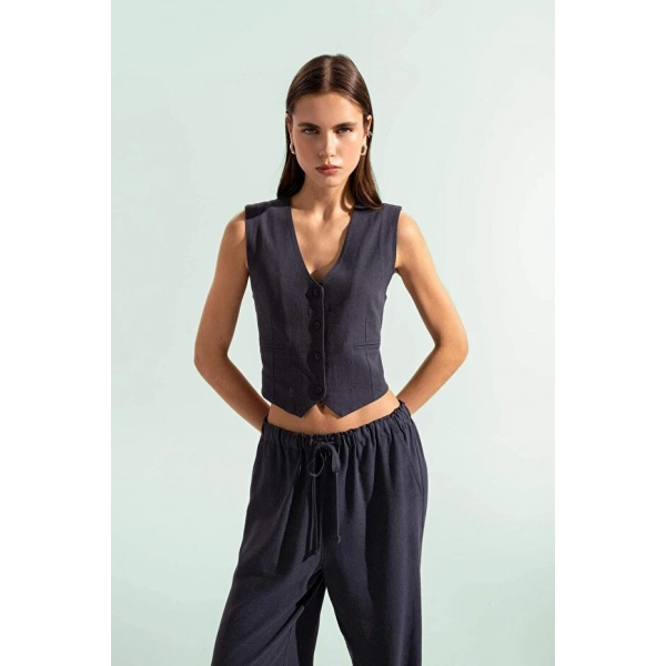 Defacto Regular Fit Keten Karışımlı Blazer Yelek