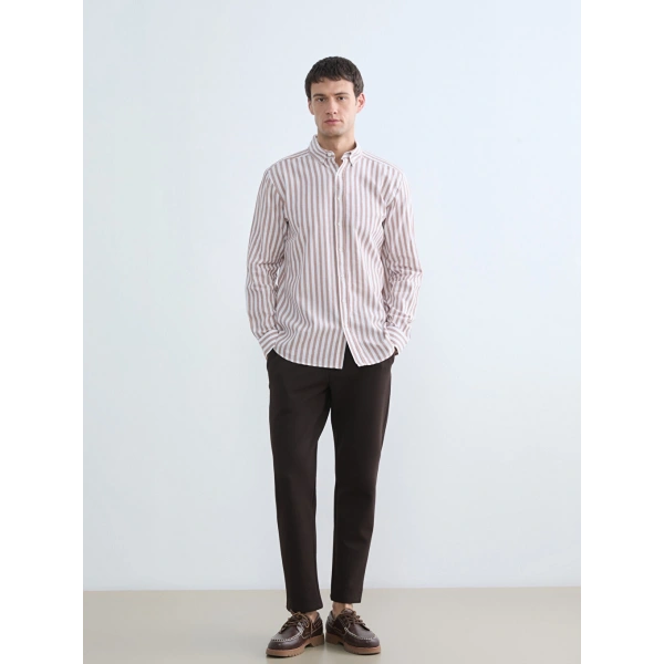 LC Waikiki Kahverengi Regular Fit Çizgili Erkek Gömlek