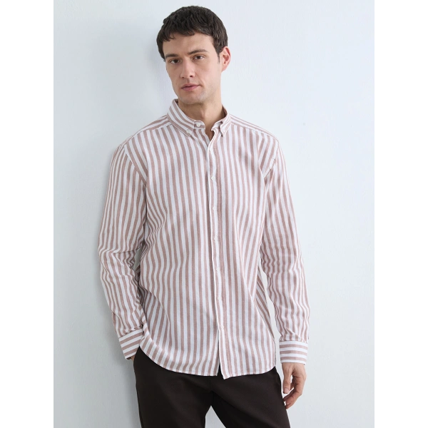 LC Waikiki Kahverengi Regular Fit Çizgili Erkek Gömlek