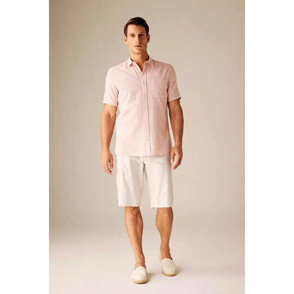 Defacto Erkek Regular Fit Polo Yaka Keten Karışımlı Kısa Kollu Gömlek