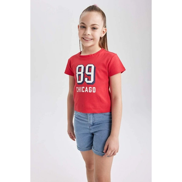 Defacto Kız Çocuk Slim Fit Ribana Baskılı Kısa Kollu Tişört
