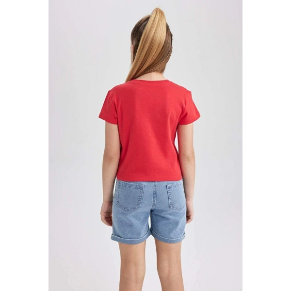 Defacto Kız Çocuk Slim Fit Ribana Baskılı Kısa Kollu Tişört
