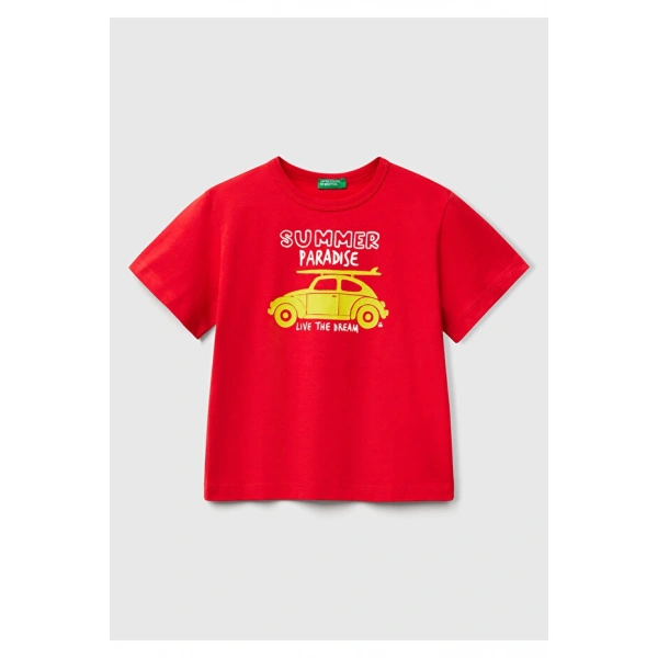 United Colors of Benetton Erkek Çocuk Kırmızı Grafik Baskılı Kısa Kollu T-Shirt