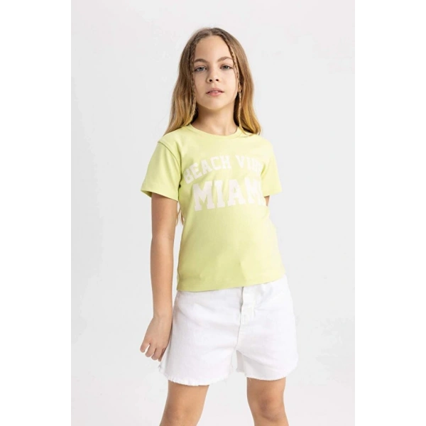 Defacto Kız Çocuk Slim Fit Dar Kesim Bisiklet Yaka Baskılı Fitilli Kaşkorse Tişört