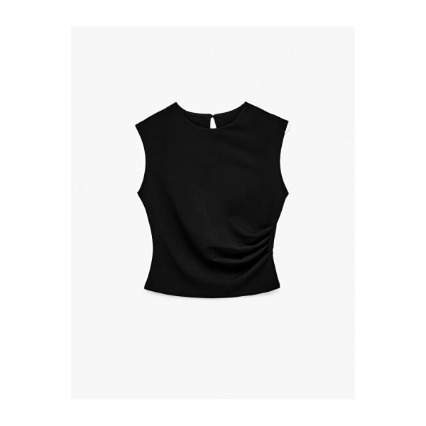 Koton Kadın Krep Scuba Kumaş Slim Fit Bisiklet Yaka Drape Detaylı Bluz