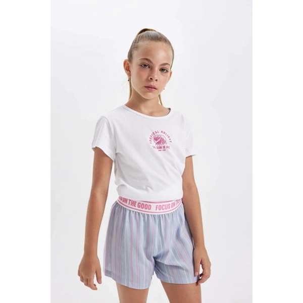 Defacto Kız Çocuk Pijama Takımı Baskılı Kısa Kollu Üst Şort
