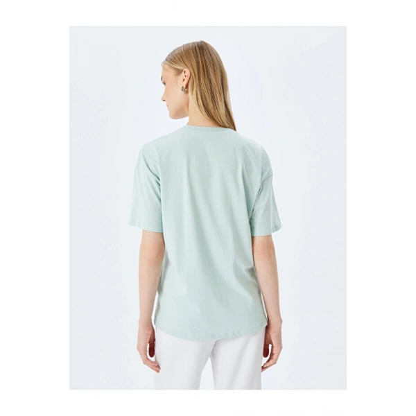 Koton Kadın Kedi Baskılı Bisiklet Yaka Mint Yeşili Kadın T-Shirt