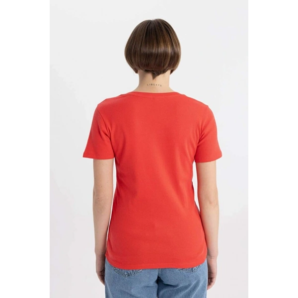 Defacto Kadın Slim Fit Dar Kesim V Yaka Ribana Basic Düz Kısa Kollu Tişört
