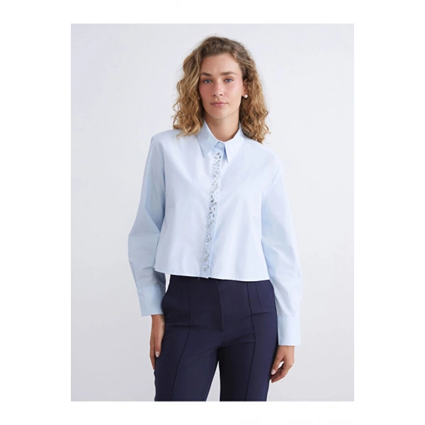 LC Waikiki Kadın Parlak Taşlı Oversize Poplin Kadın Gömlek