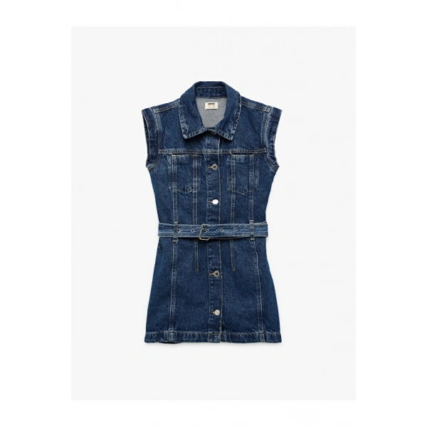 Koton Pamuklu Kemer Detaylı Gömlek Yaka Denim Elbise
