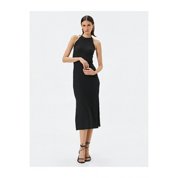 Koton Triko Elbise Midi Halter Yaka Yırtmaçlı