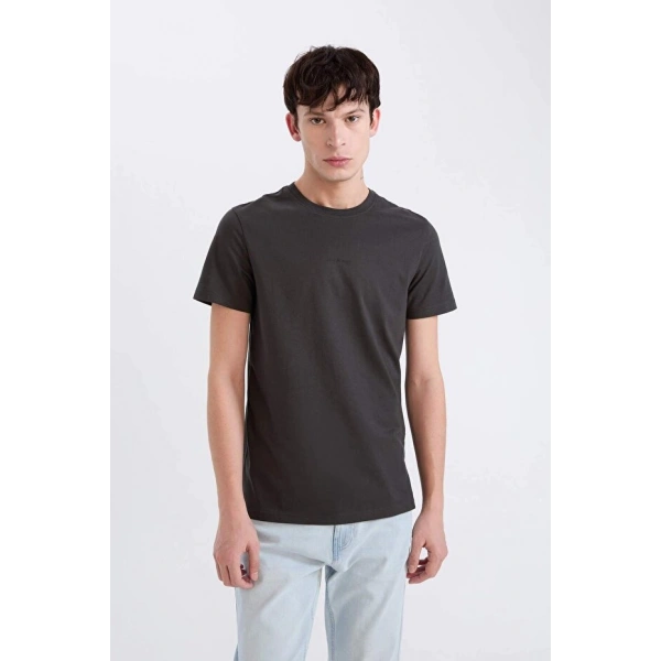 Defacto %100 Pamuk Slim Fit Dar Kesim Bisiklet Yaka Baskılı Kısa Kollu Tişört