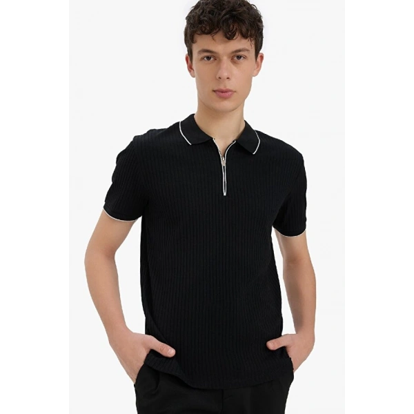 Defacto Slim Fit Dar Kesim Kısa Kollu Fitilli Kaşkorse Yarım Fermuarlı Siyah Polo Tişört