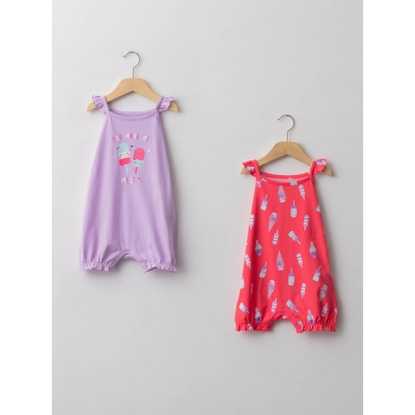 LC Waikiki Pembe Kare Yaka Askılı Baskılı Kız Bebek Tulum 2li