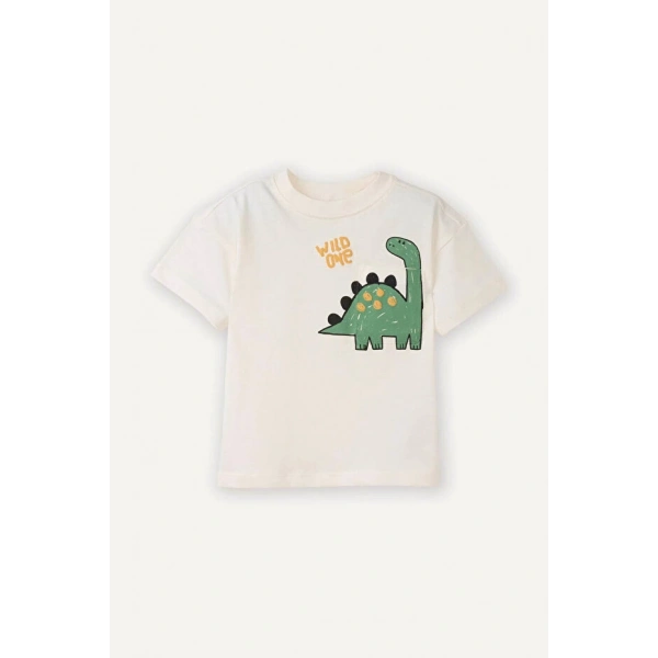 Defacto Dinozor Baskılı Ekru Erkek Bebek T-Shirt