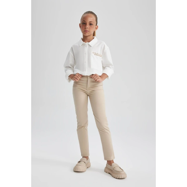 DEFACTO Kız Çocuk Bej Slim Fit Okul Pantolonu