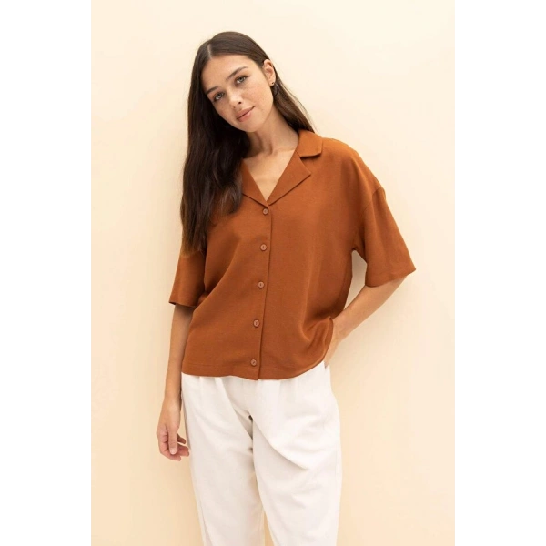 Defacto Pijama Yaka Keten Karışımlı Kısa Kollu Gömlek
