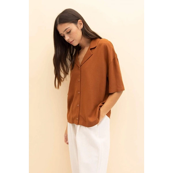 Defacto Pijama Yaka Keten Karışımlı Kısa Kollu Gömlek