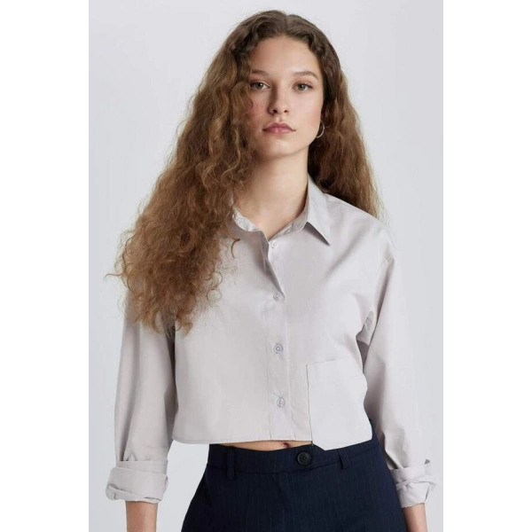 Defacto Oversize Geniş Kalıp Crop Poplin Uzun Kollu Gömlek