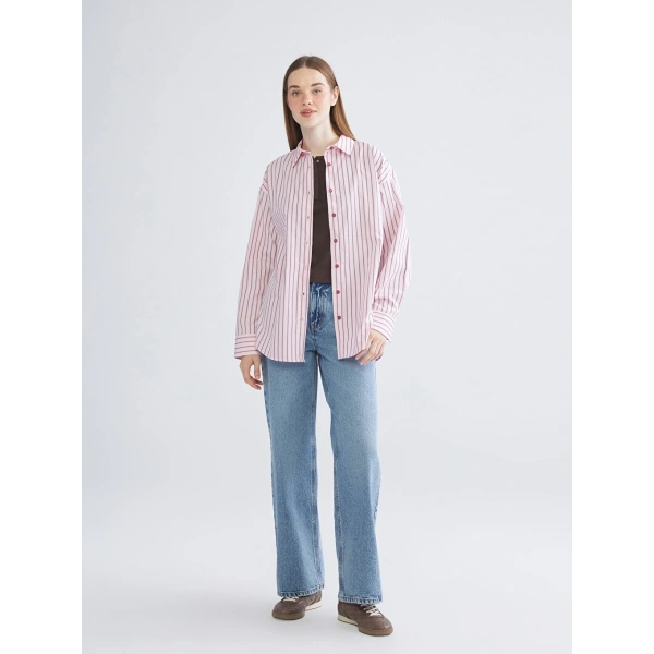 LC Waikiki Pembe Çizgili Oversize Poplin Kadın Gömlek