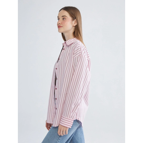 LC Waikiki Pembe Çizgili Oversize Poplin Kadın Gömlek