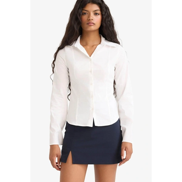 Defacto Fitted Poplin Uzun Kollu Beyaz Kadın Gömlek