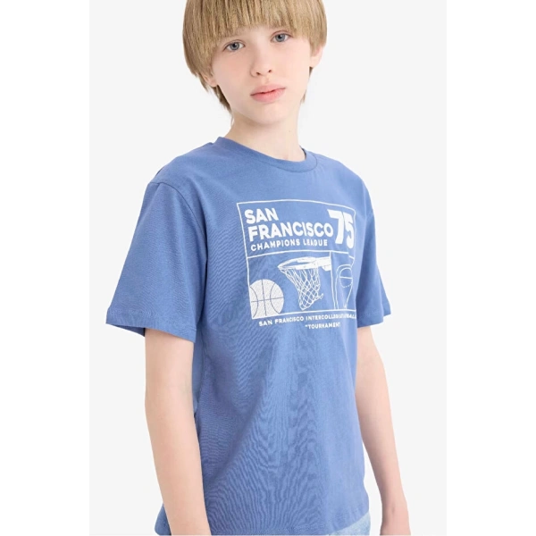 Defacto Bisiklet Yaka Baskılı Mavi Erkek Çocuk T-Shirt