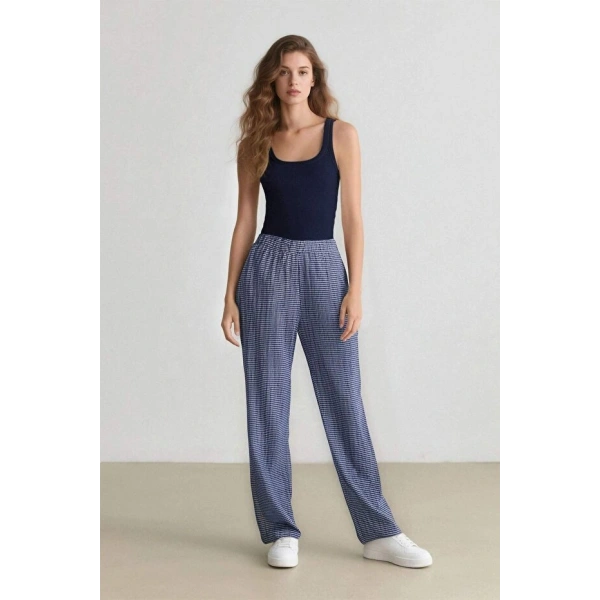 Defacto Wide Leg Kareli Normal Bel Geniş Paça Pantolon