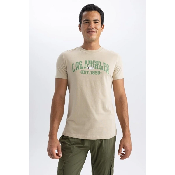 Defacto Slim Fit Bisiklet Yaka Baskılı Kısa Kollu Tişört