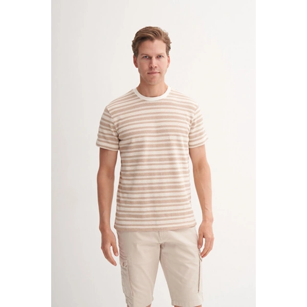 Cazador Bisiklet Yaka Slim Fit Çizgili Jakarlı Tişört
