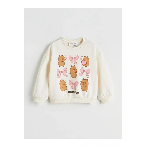 LC Waikiki Ekru Bisiklet Yaka Baskılı Kız Çocuk Sweatshirt
