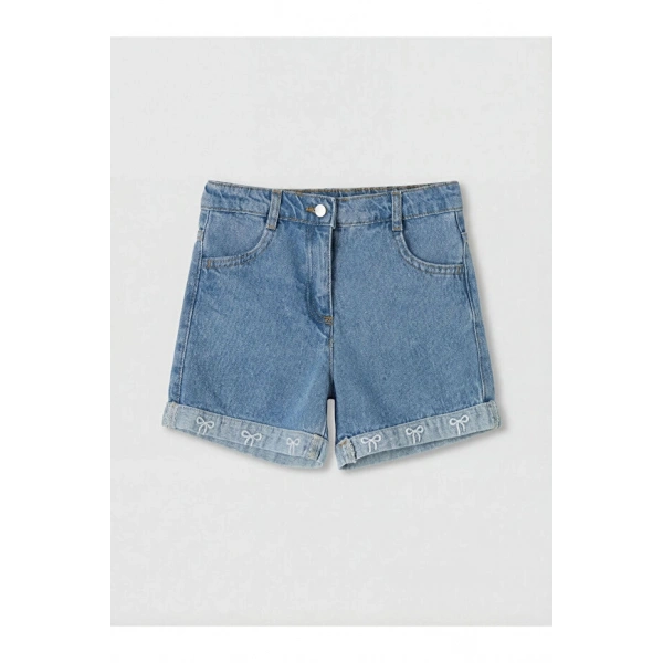LC Waikiki İndigo Fiyonk Nakışlı Kız Çocuk Jean Şort