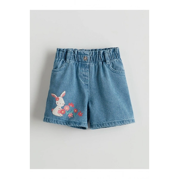 LC Waikiki Beli Lastikli Baskılı Kız Çocuk Jean Şort