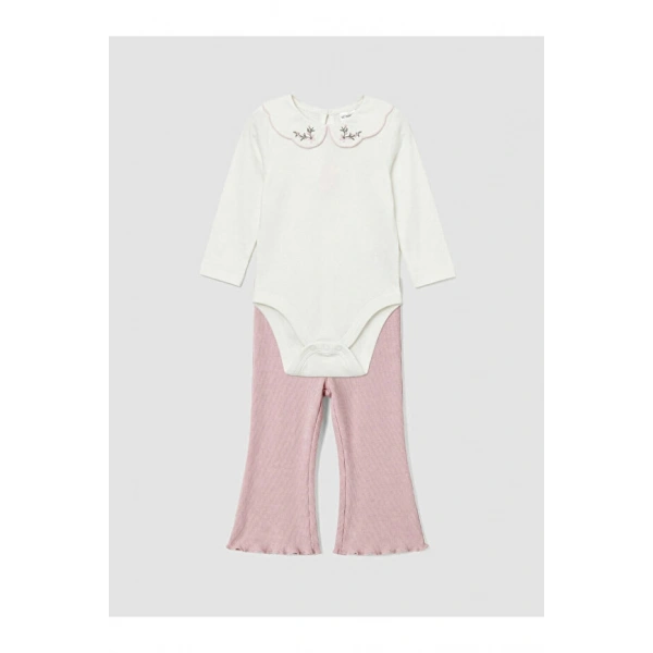 LC Waikiki Ekru Nakışlı Kız Bebek Çıtçıtlı Body ve Tayt