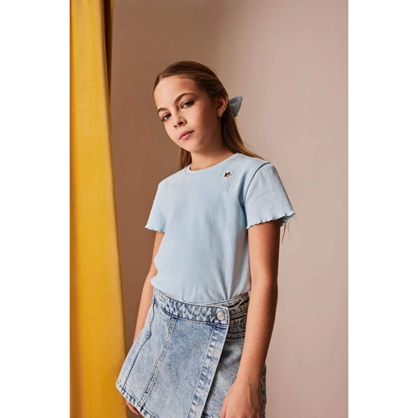Defacto Slim Fit Dar Kesim Bisiklet Yaka İşlemeli Fitilli Kaşkorse Kısa Kollu Tişört Kız Çocuk